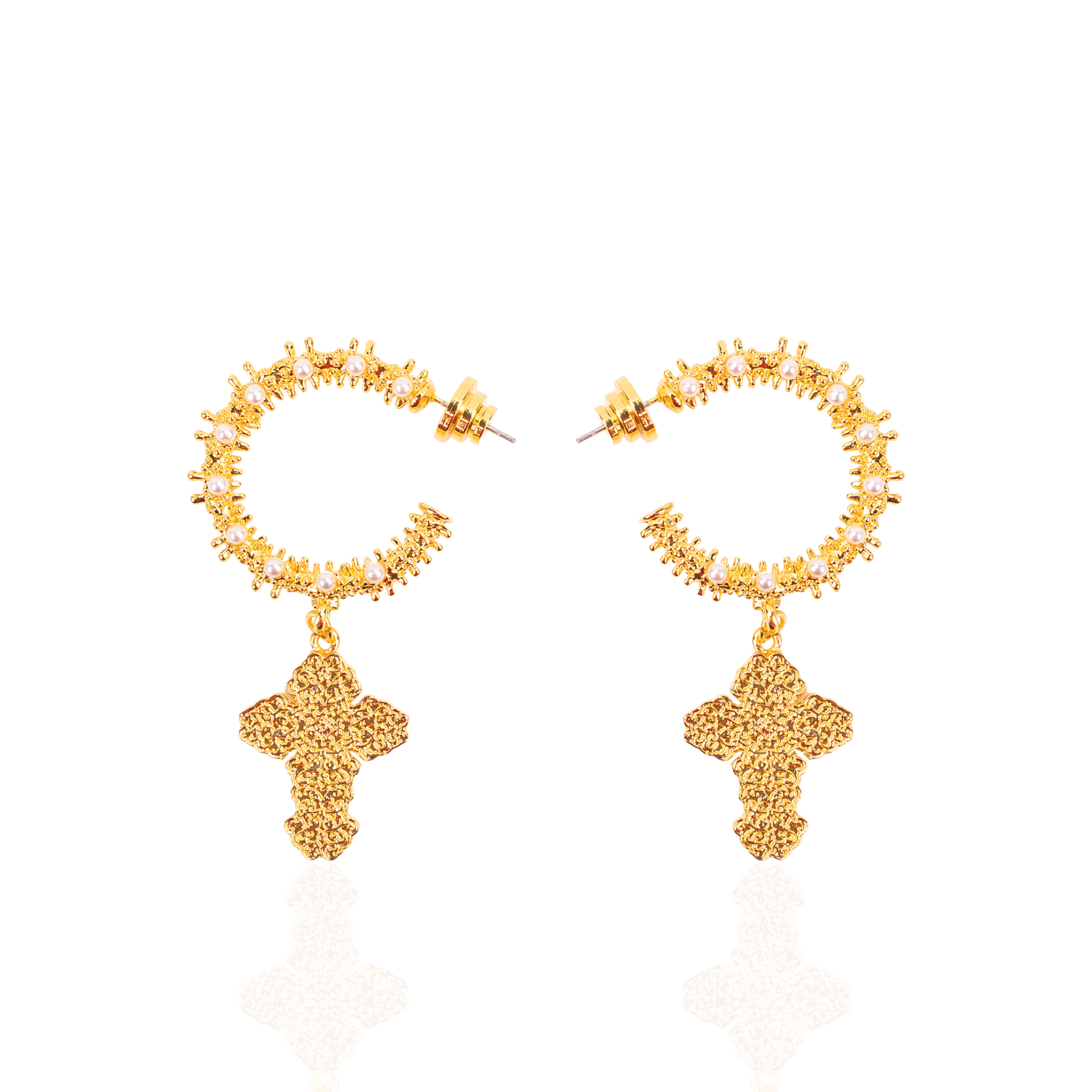 pearl hoop earrings, cross earrings women, statement hoop earrings, gold hoop earrings, fashion pearl earrings, luxury earrings women, religious earrings, boutique earrings, bold earrings jewelry, designer statement earrings