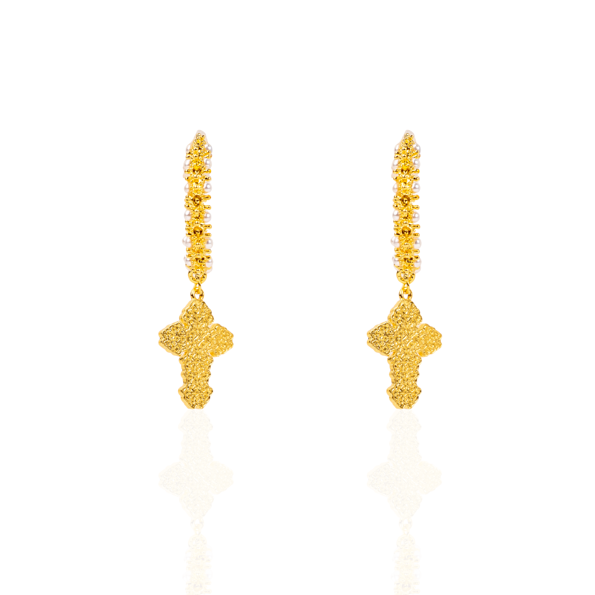 pearl hoop earrings, cross earrings women, statement hoop earrings, gold hoop earrings, fashion pearl earrings, luxury earrings women, religious earrings, boutique earrings, bold earrings jewelry, designer statement earrings