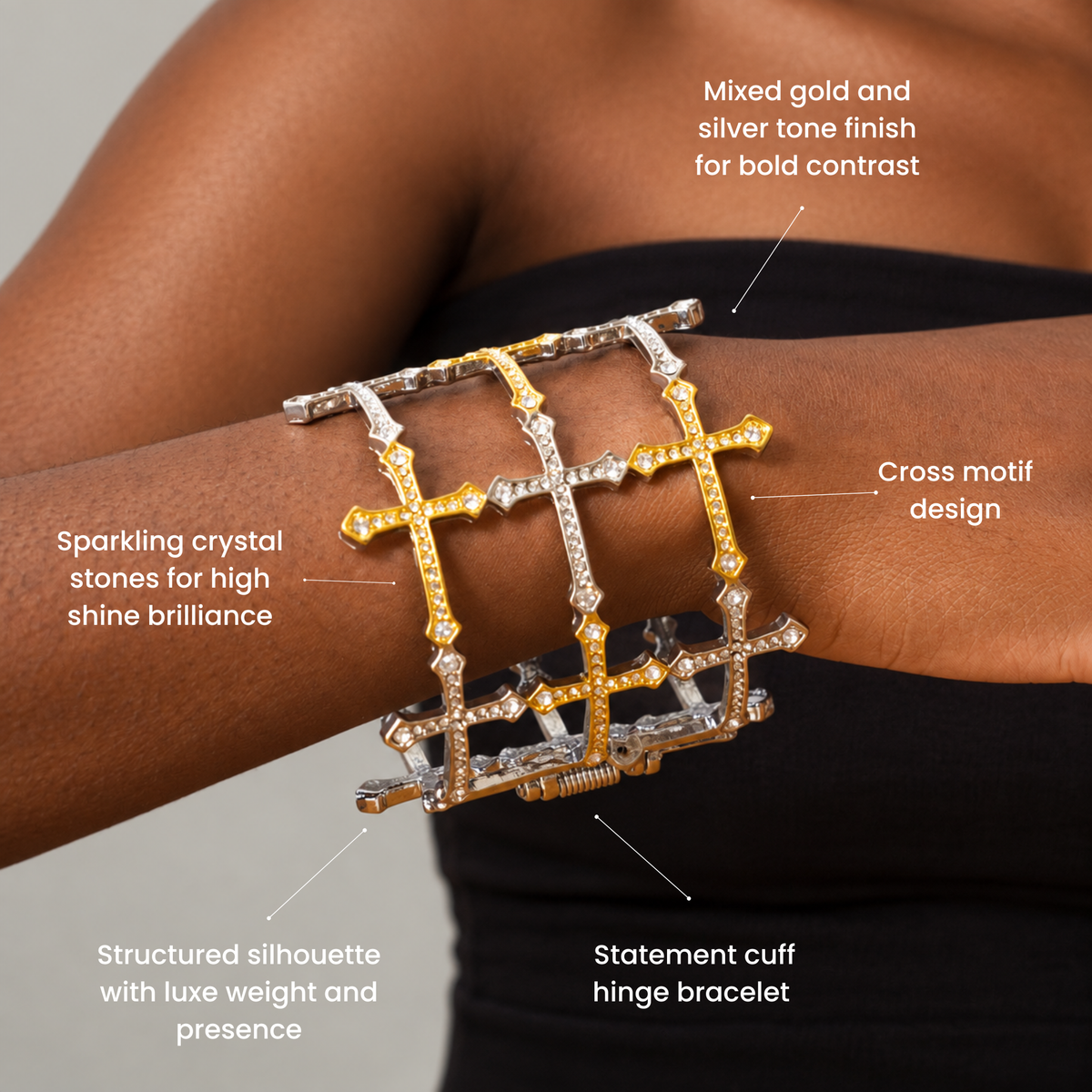 Trinity 18K Cross Sparkling Cuff,Bracelets, Sassy Jones,