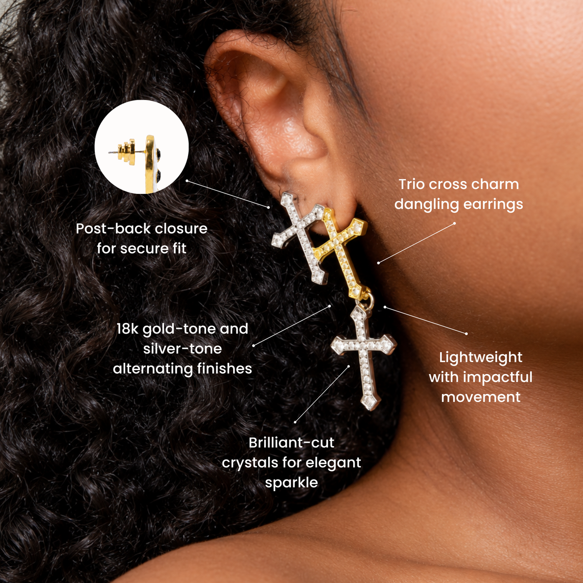 Trinity 18K Cross Sparkling Earrings featuring three cascading crystal crosses in gold and silver finishes.   Woman wearing Trinity statement earrings with layered gold and silver crystal cross motifs.   Sassy Jones Trinity drop earrings featuring three sparkling crosses in contrasting mixed metal finishes.   Close up of crystal cross earrings with a silver cross stud, gold center cross and dangling silver cross.   Trinity faith inspired earrings featuring cascading crystal embellished crosses in gold and s