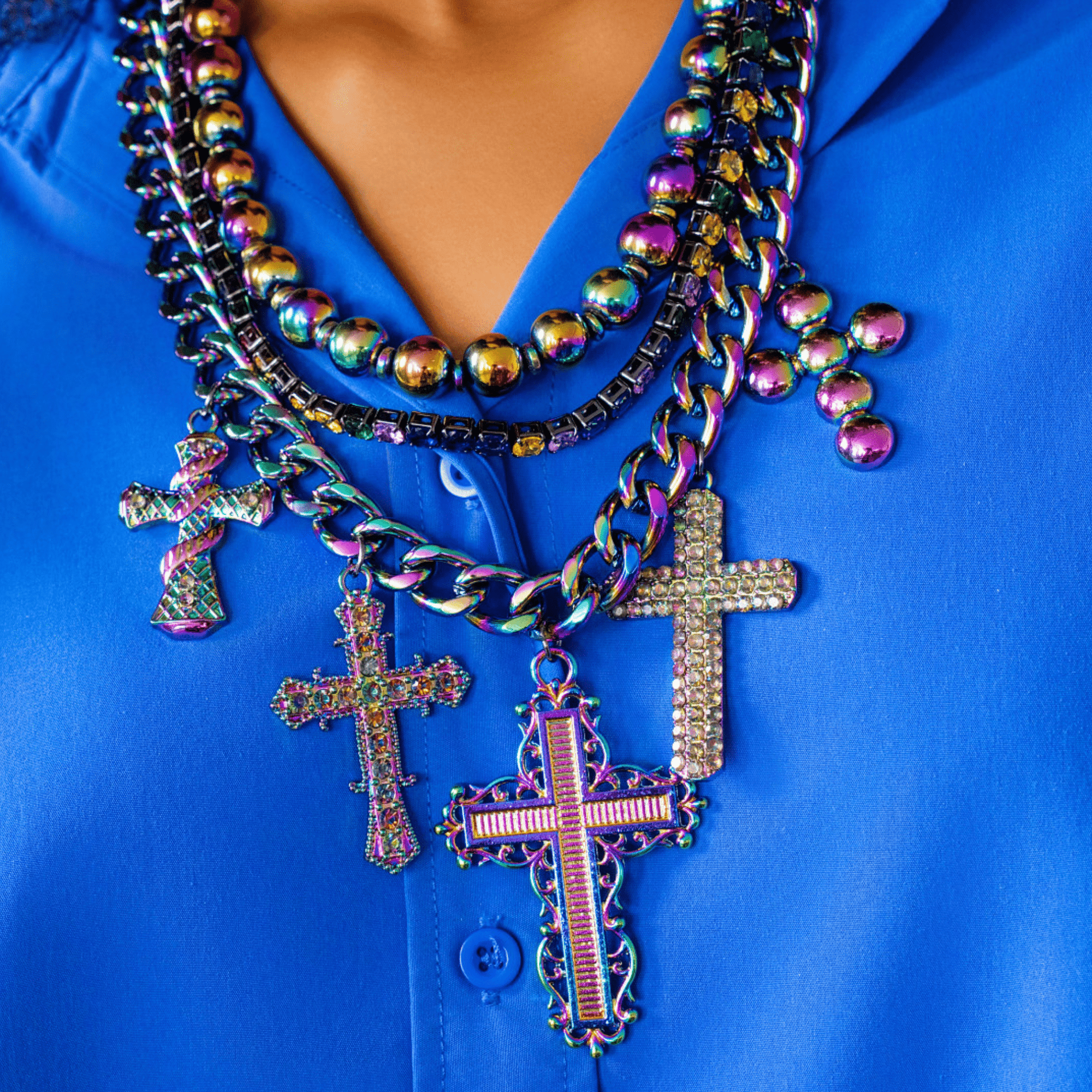 Trinity Crucifix Cross Statement Chain - Heaven’s Rainbow,Necklaces, Sassy Jones,
