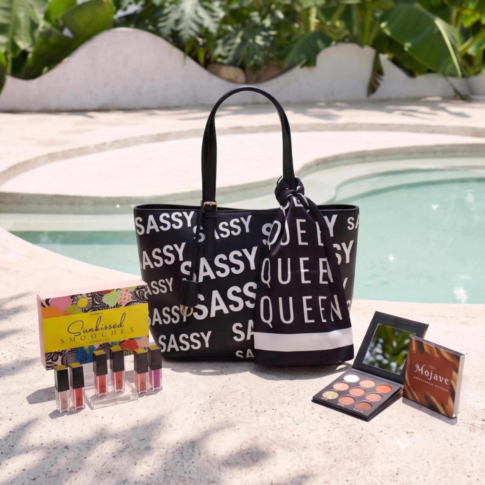 Vacation Escape Gift Set featuring the Sassy City Tote Black &amp; White, Queen Luxe Scarf, Mojave Eyeshadow Palette, and Sunkissed Smooches 6pc Lip Gloss Set displayed poolside.