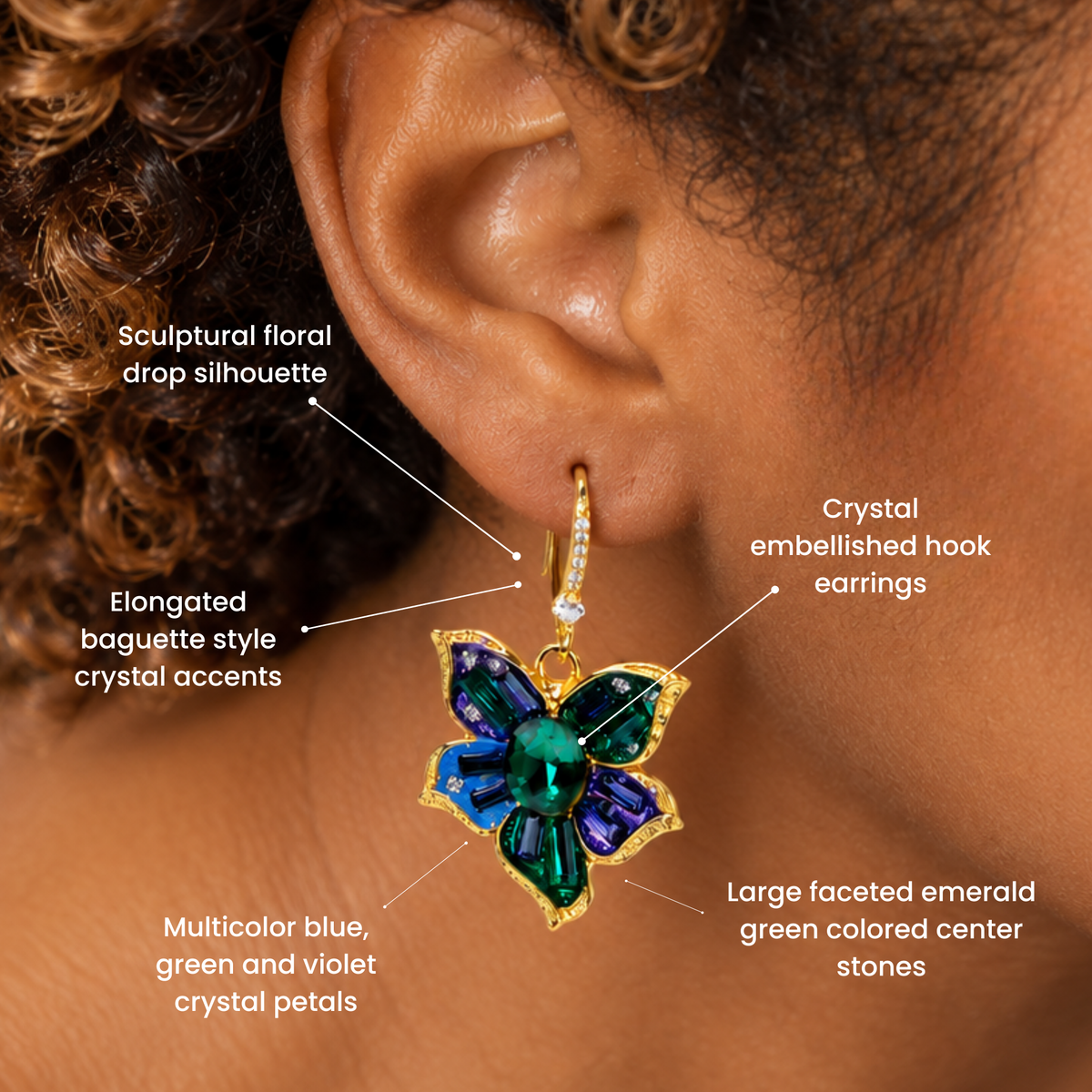 Sassy Jones Valerie floral dangle earrings featuring faceted green center stones and colorful crystal petals.