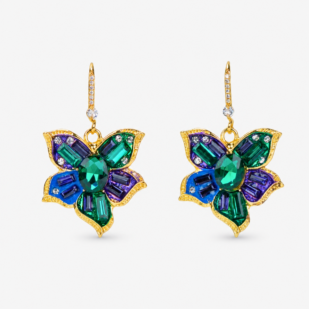 Valerie Vintage Earrings Miss Beasley featuring multicolor crystal flowers in emerald green, sapphire blue and violet.