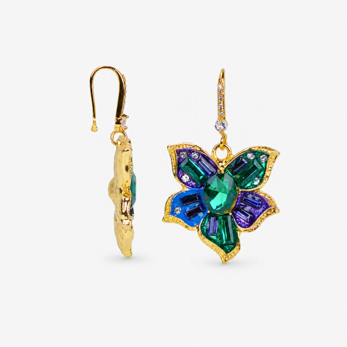 Sassy Jones Valerie floral dangle earrings featuring faceted green center stones and colorful crystal petals.