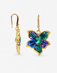 Sassy Jones Valerie floral dangle earrings featuring faceted green center stones and colorful crystal petals.