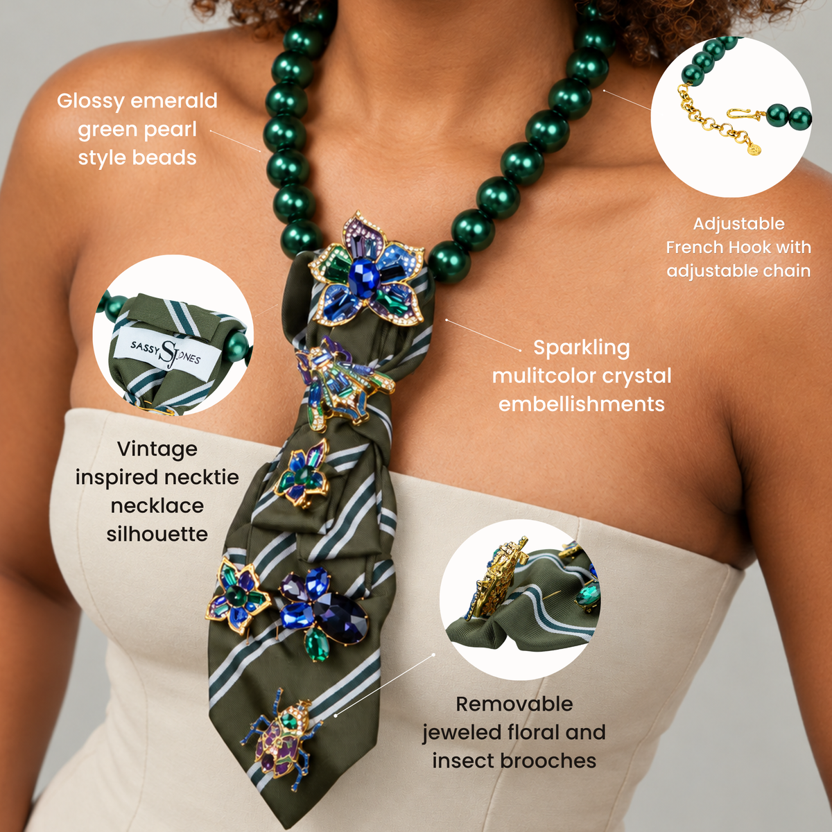 Statement necktie necklace featuring glossy green beads, a printed fabric tie and removable jeweled embellishments.