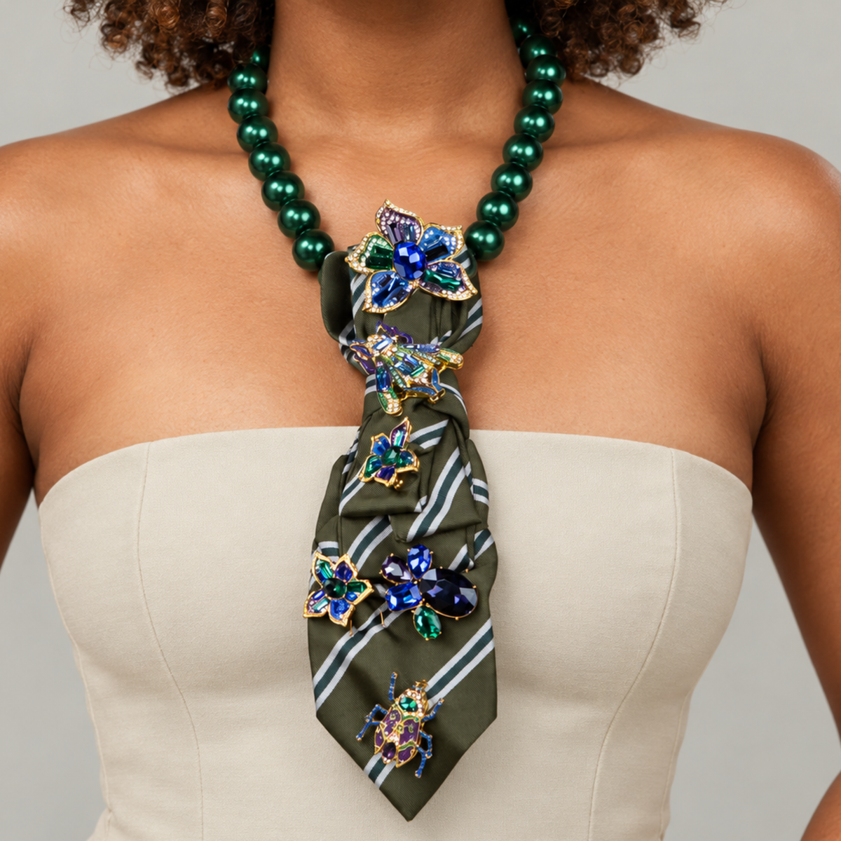 Statement necktie necklace featuring glossy green beads, a printed fabric tie and removable jeweled embellishments.