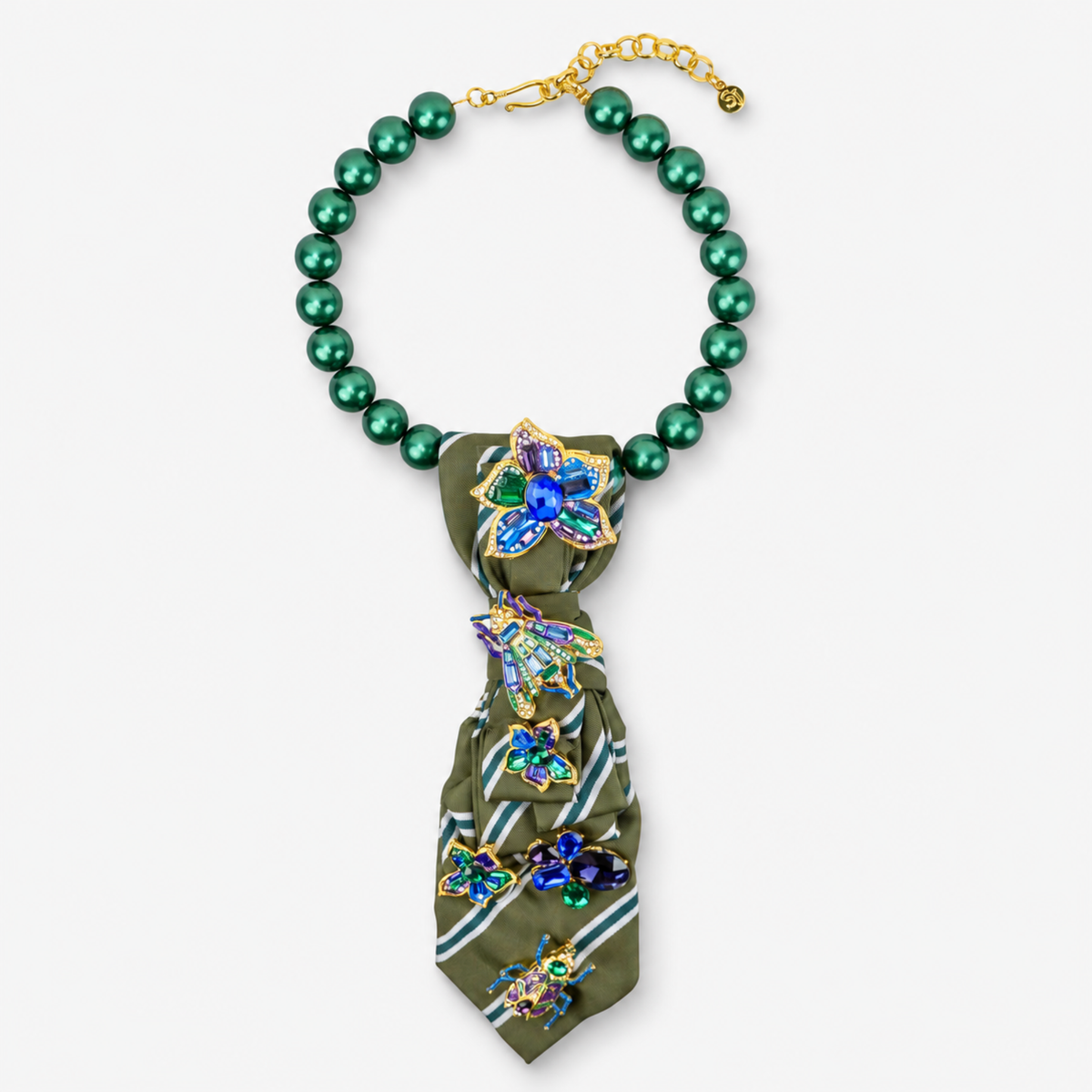 Valerie Vintage Necktie Miss Beasley featuring emerald green pearl beads and an olive green fabric tie decorated with removable jeweled brooches.