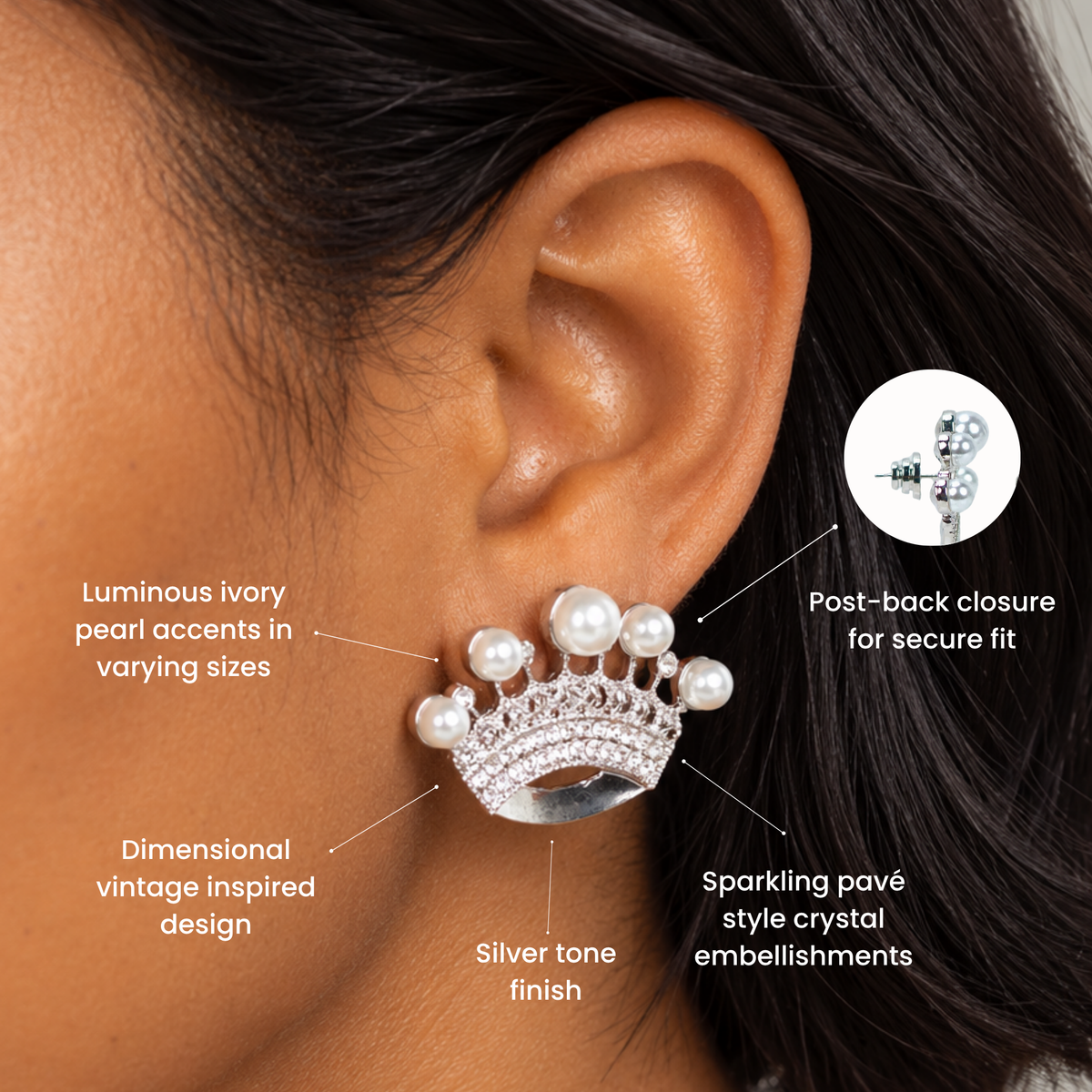 Vintage inspired crown statement earrings featuring pavé style crystal detailing and pearl embellishments.