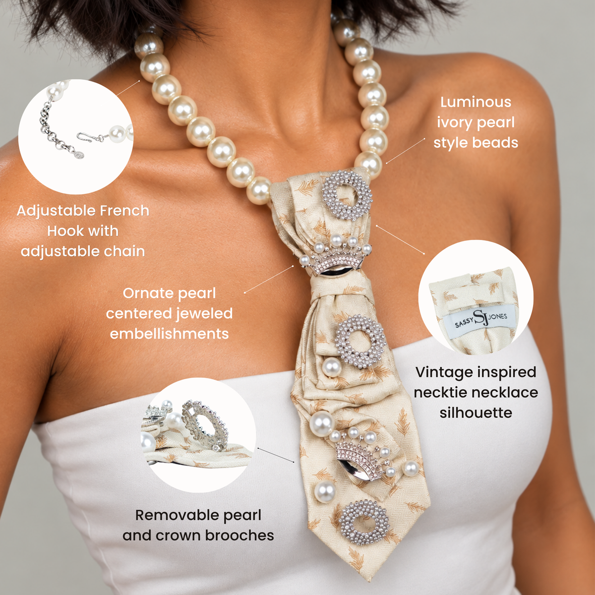 Vintage inspired statement necklace featuring luminous ivory pearl beads and an embellished cream necktie.