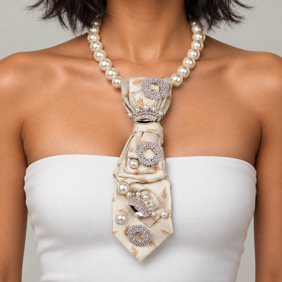 Vintage inspired statement necklace featuring luminous ivory pearl beads and an embellished cream necktie.