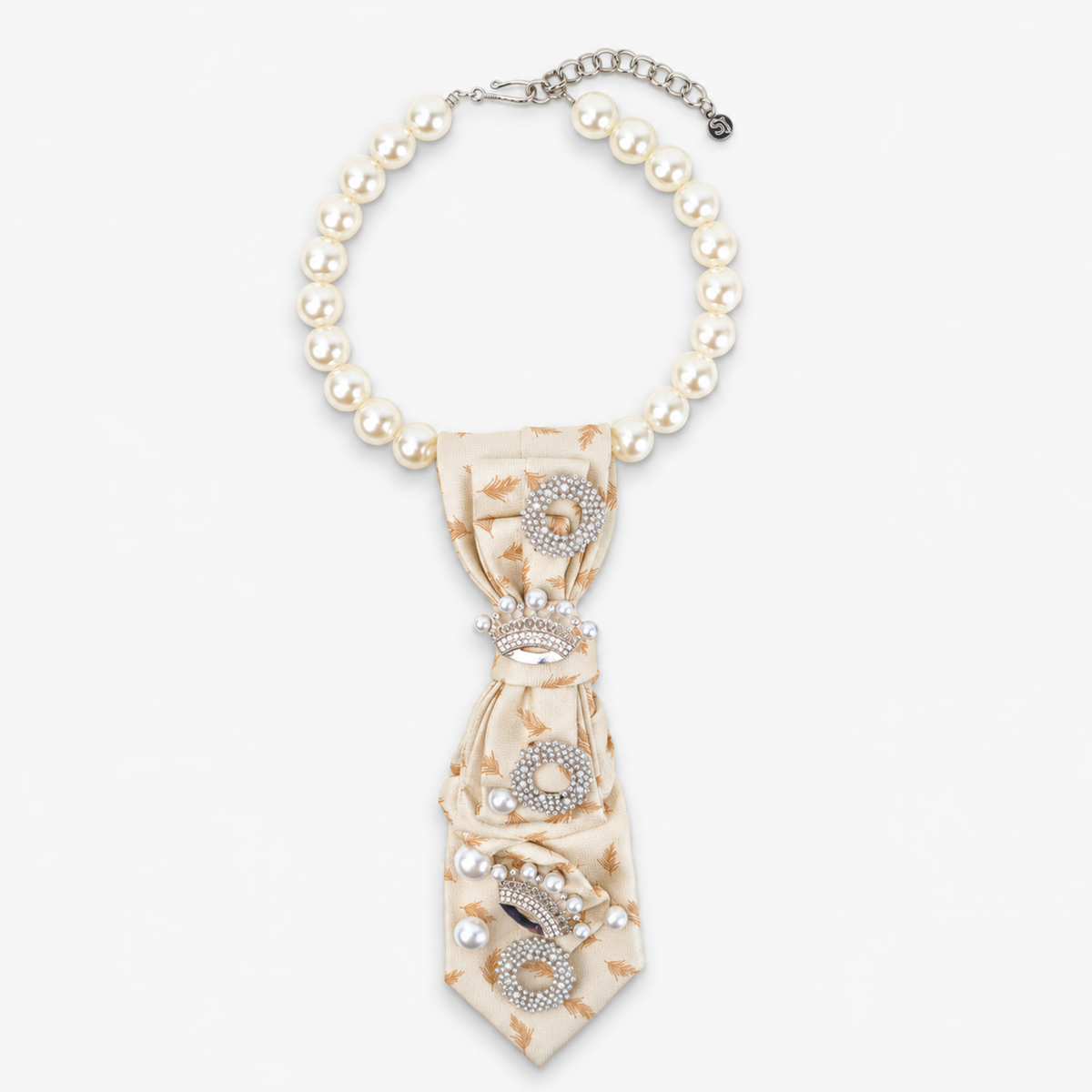 Valerie Vintage Necktie Pearl Queen featuring an ivory fabric tie, pearl style necklace and sparkling jeweled embellishments.