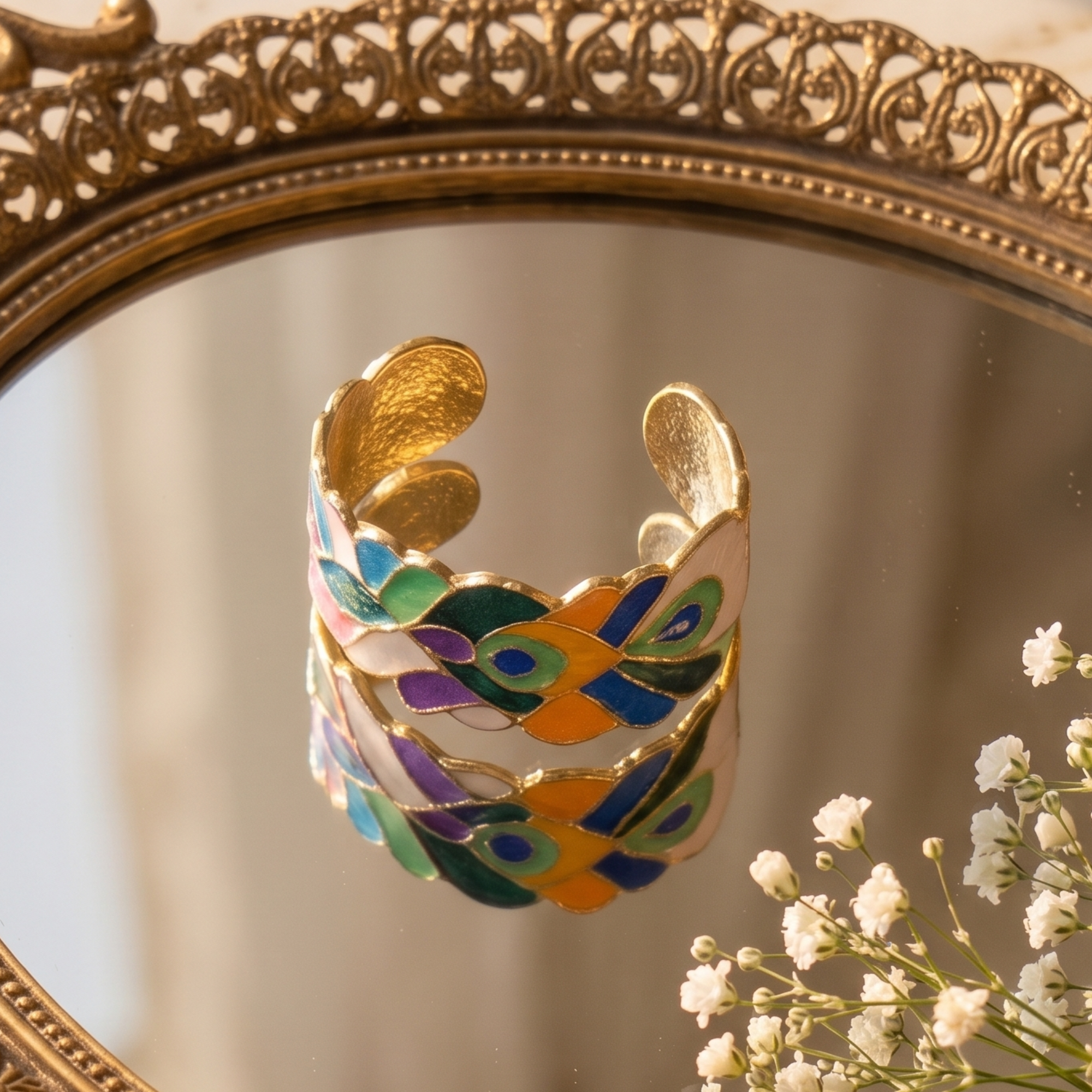 Statement cuff bracelet featuring hand painted enamel peacock feather motifs in vibrant jewel tones with gold tone detailing.