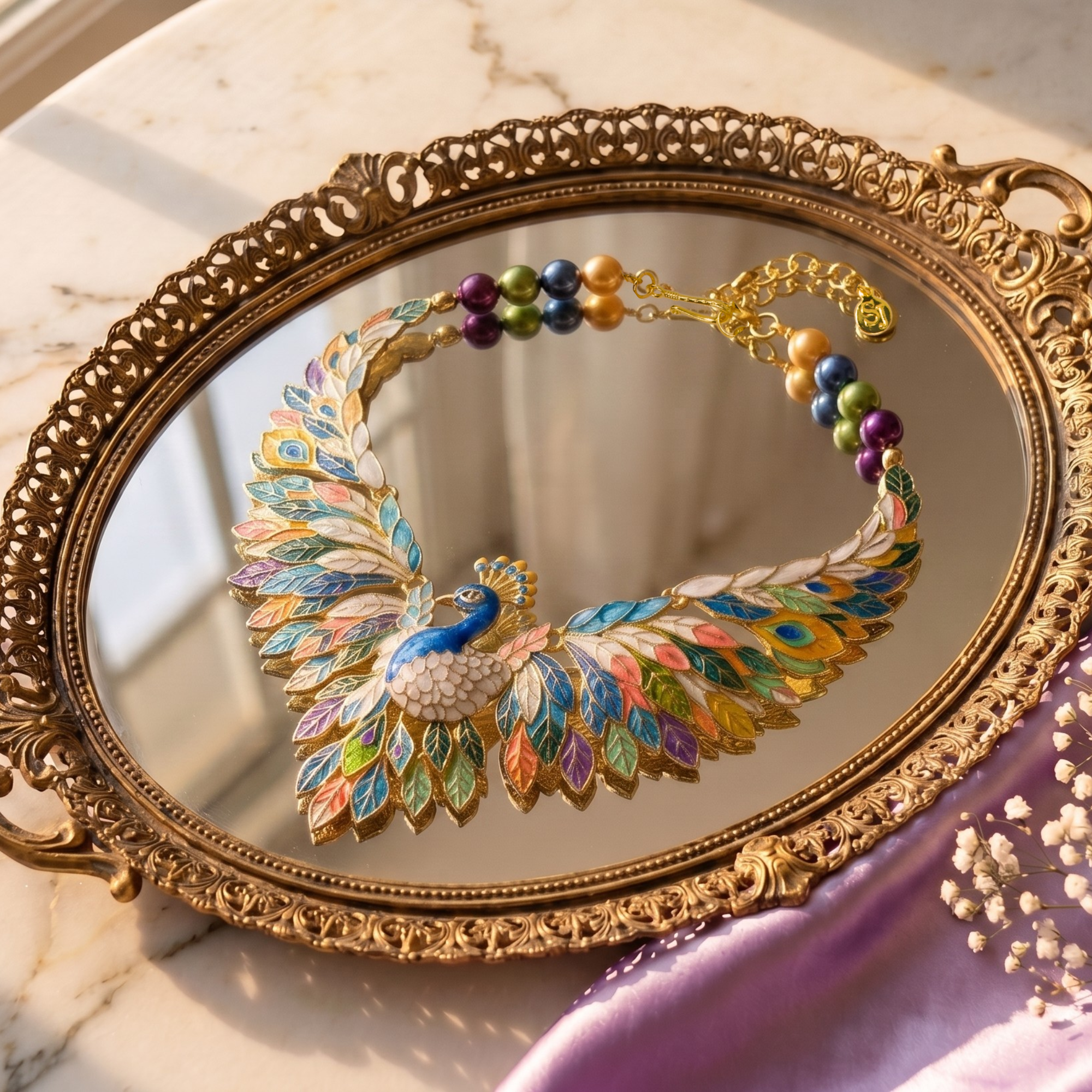 Statement peacock necklace featuring hand painted enamel feathers, multicolored crystal accents, gold tone detailing, and a sculptural peacock centerpiece.