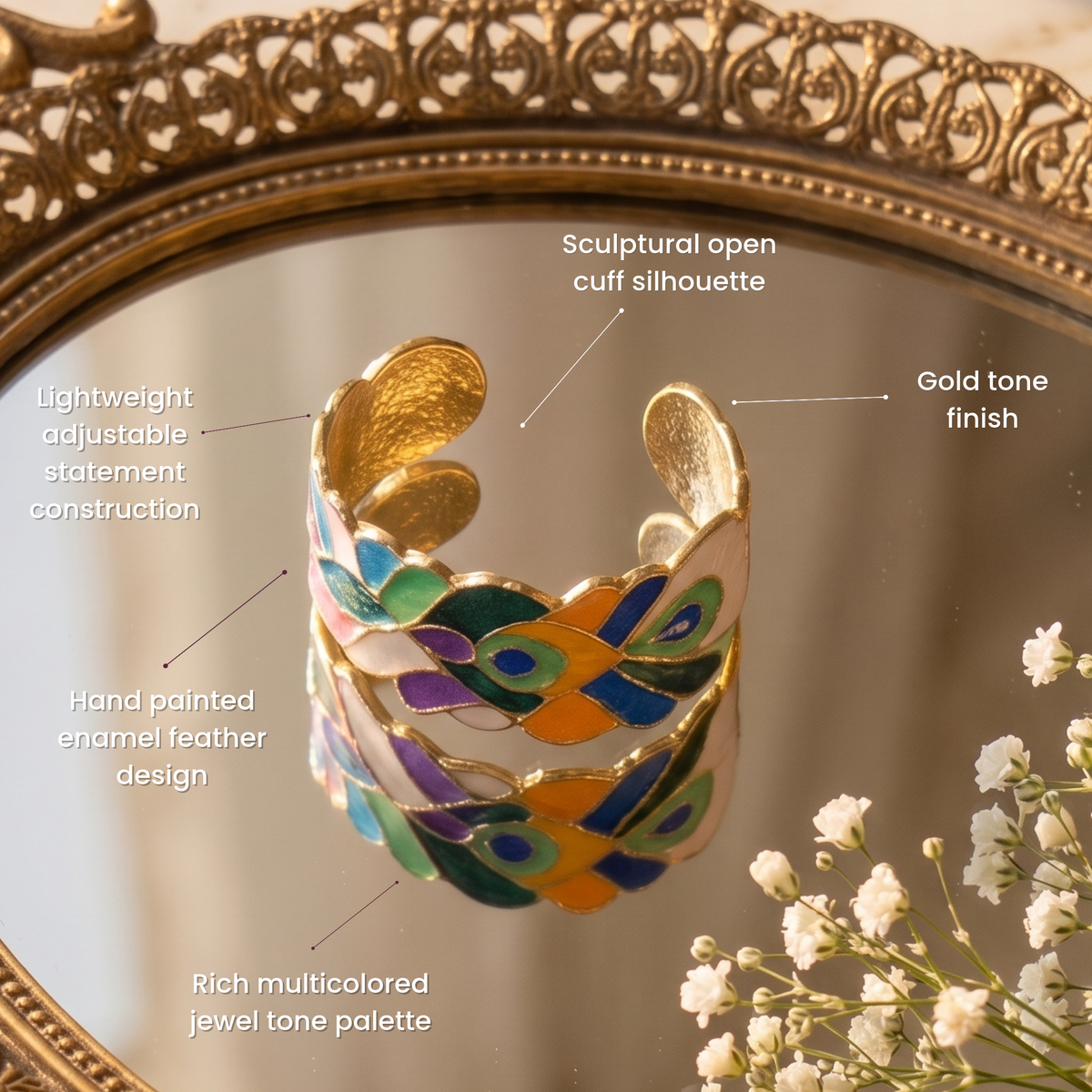 Sculptural peacock inspired cuff bracelet with colorful hand painted enamel style detailing and Gold tone finish.