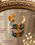 Victoriana Prissy Peacock bracelet featuring overlapping enamel feather shapes outlined in polished gold.