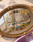Close up of Victoriana Prissy Peacock Necklace with hand painted enamel feather details and blue peacock centerpiece.