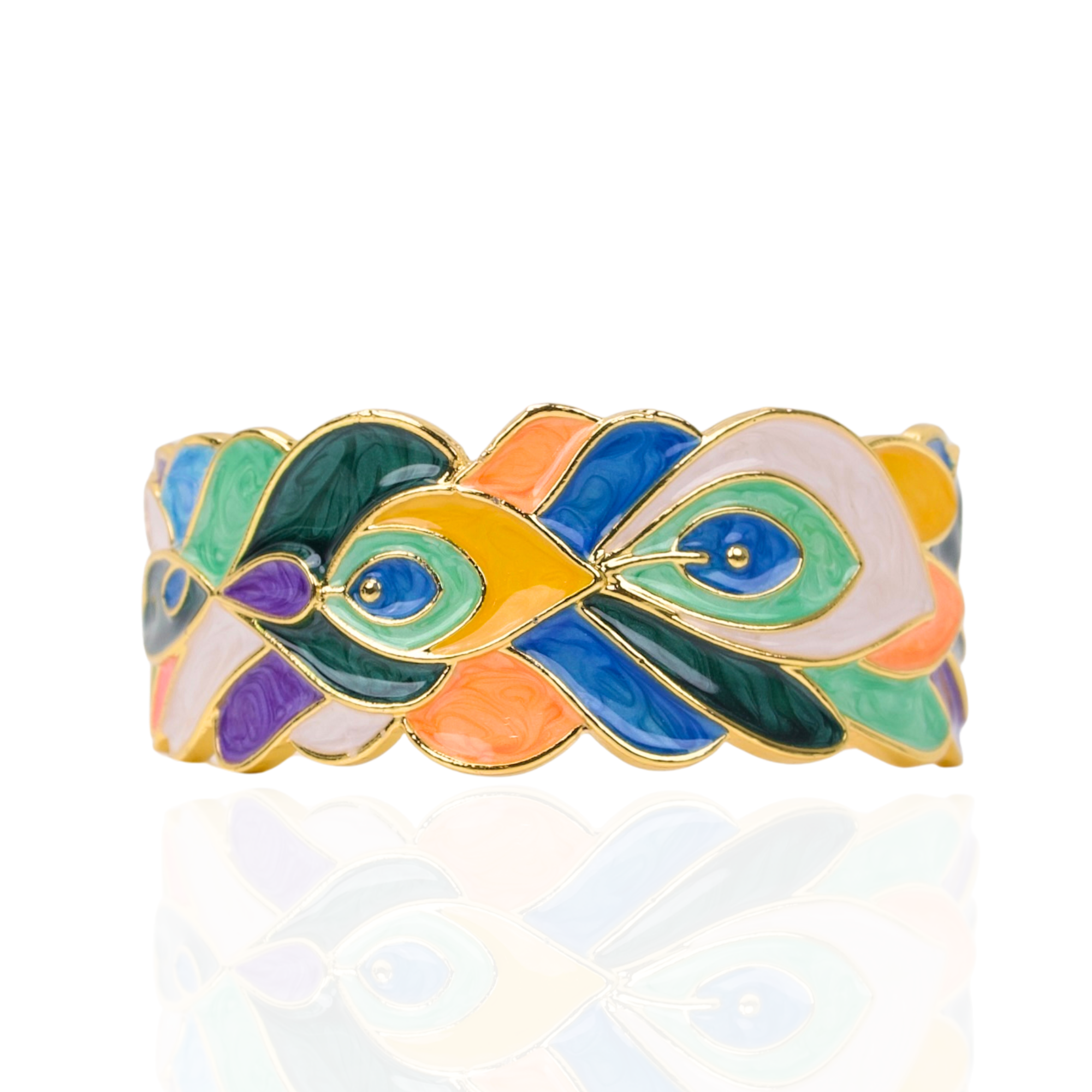 Statement cuff bracelet featuring hand painted enamel peacock feather motifs in vibrant jewel tones with gold tone detailing.