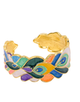 Statement cuff bracelet featuring hand painted enamel peacock feather motifs in vibrant jewel tones with gold tone detailing.