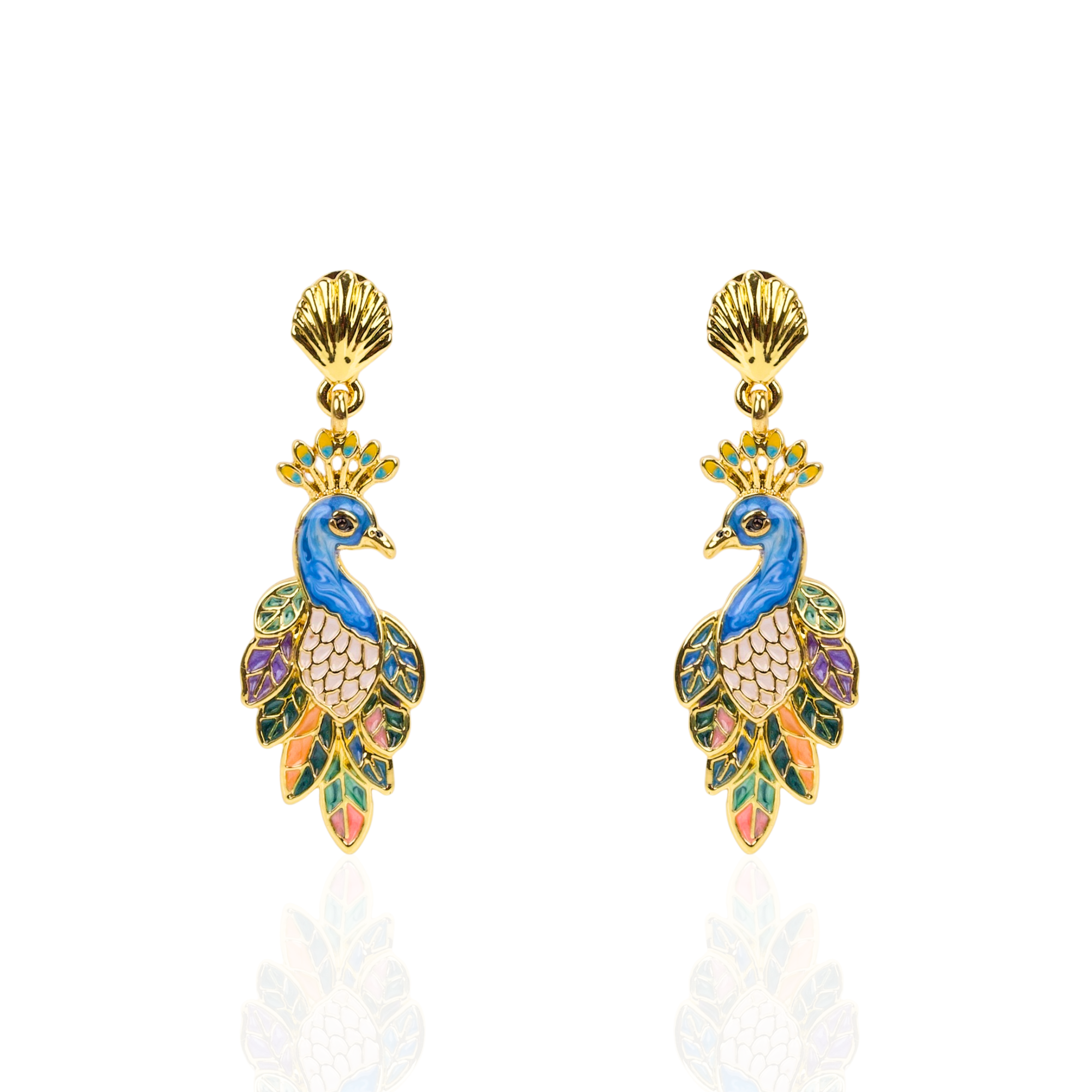 Statement peacock earrings featuring hand painted enamel feathers, sparkling crystal accents, gold shell studs, and colorful jewel toned detailing.