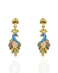 Statement peacock earrings featuring hand painted enamel feathers, sparkling crystal accents, gold shell studs, and colorful jewel toned detailing.