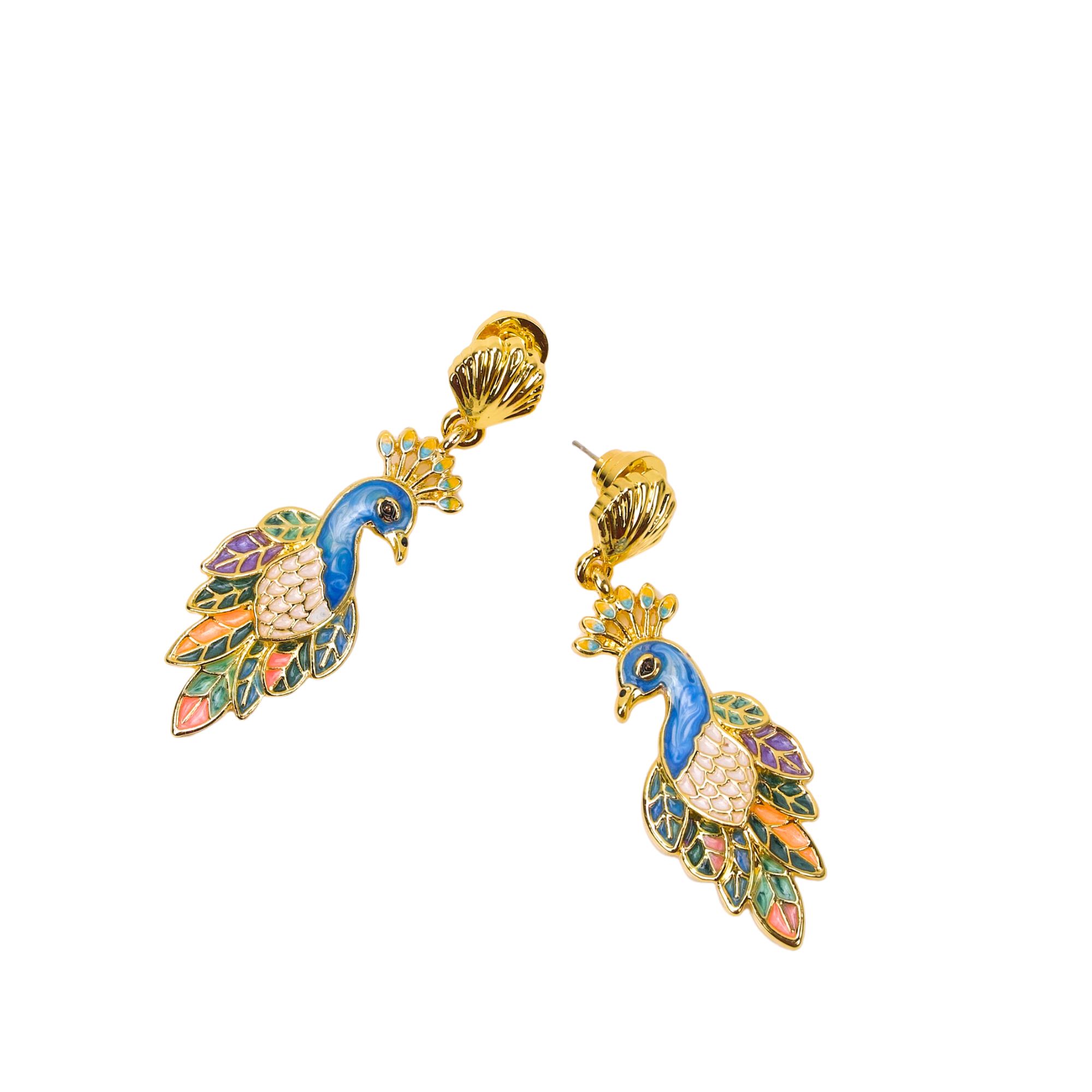 Statement peacock earrings featuring hand painted enamel feathers, sparkling crystal accents, gold shell studs, and colorful jewel toned detailing.