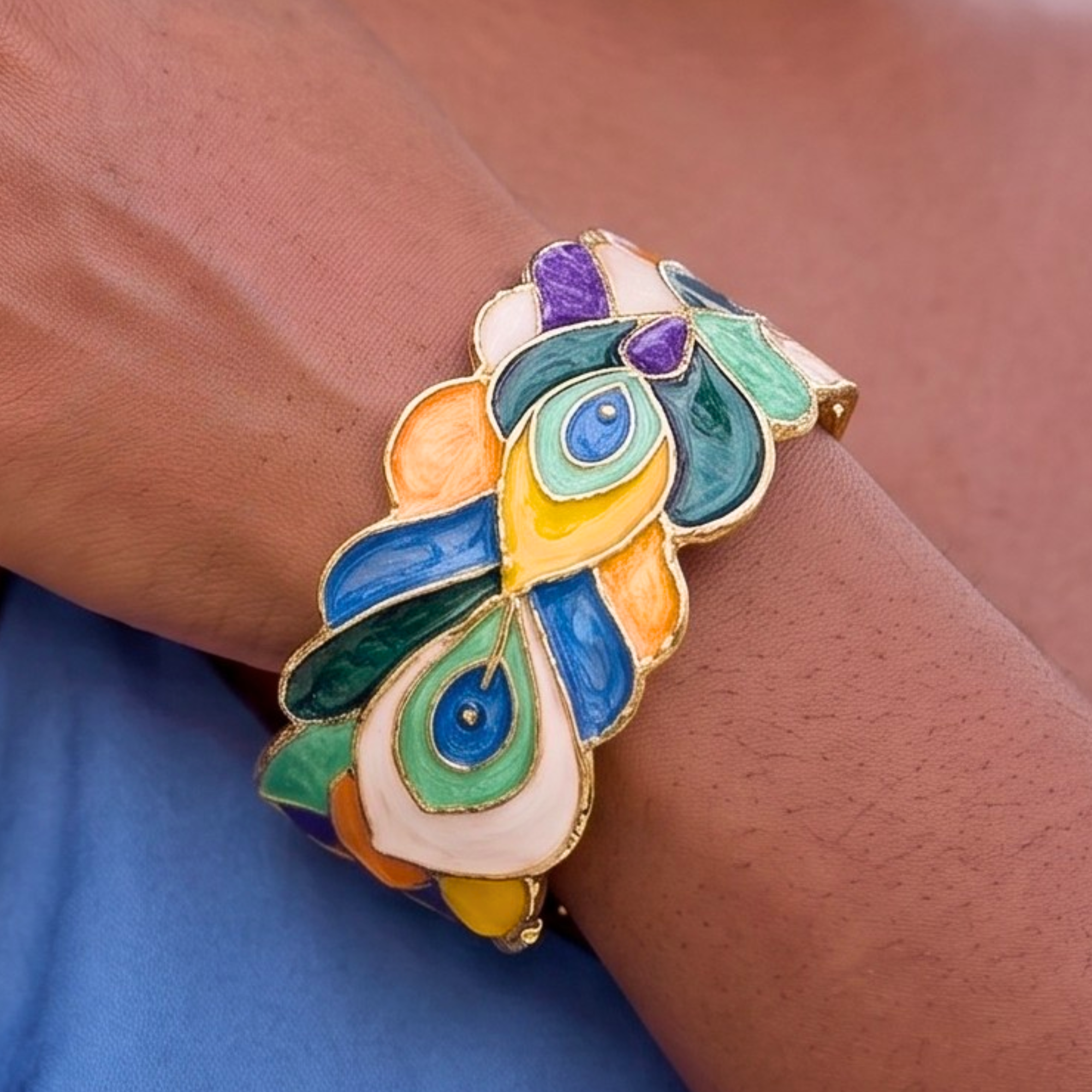 Statement cuff bracelet featuring hand painted enamel peacock feather motifs in vibrant jewel tones with gold tone detailing.