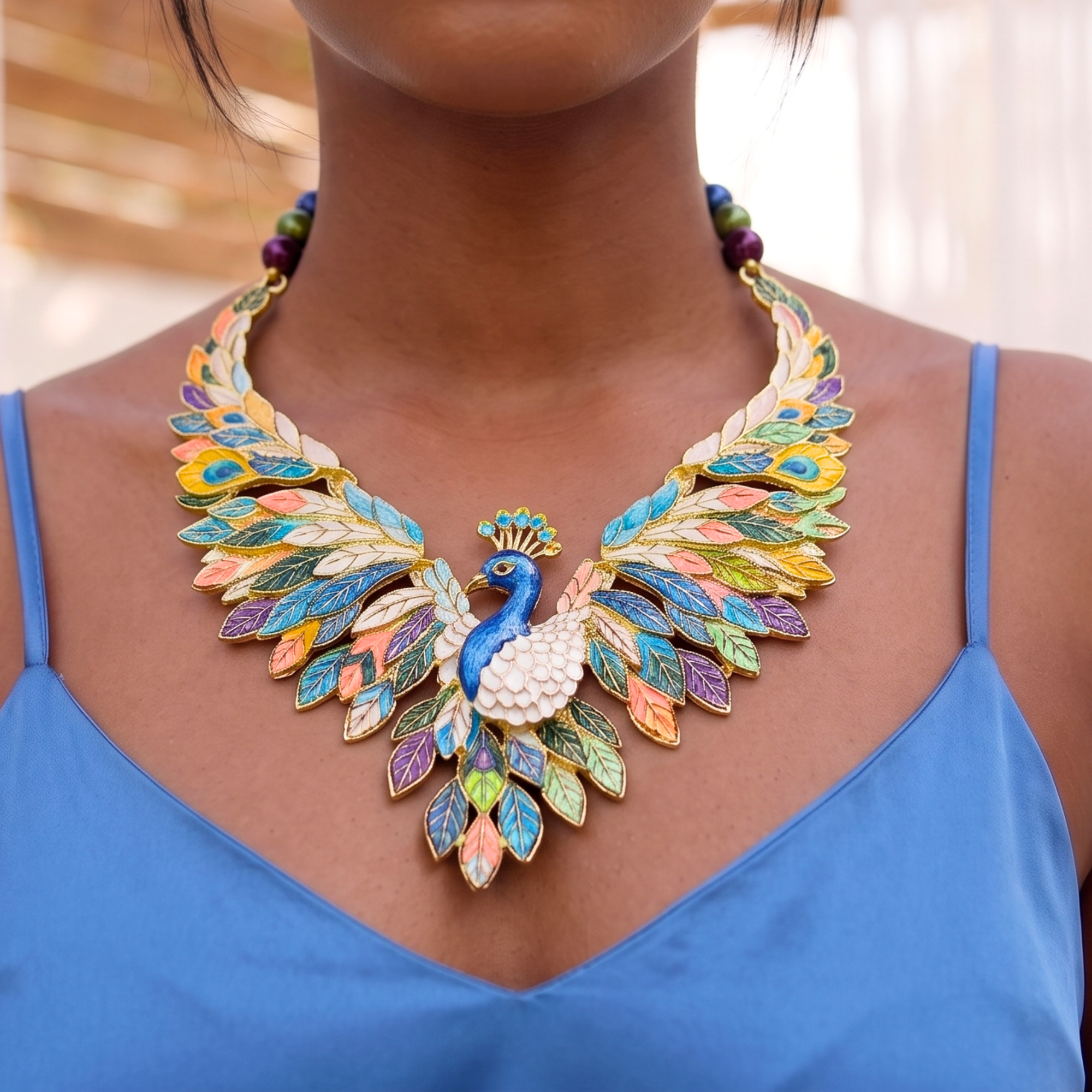 Statement peacock necklace featuring hand painted enamel feathers, multicolored crystal accents, gold tone detailing, and a sculptural peacock centerpiece.