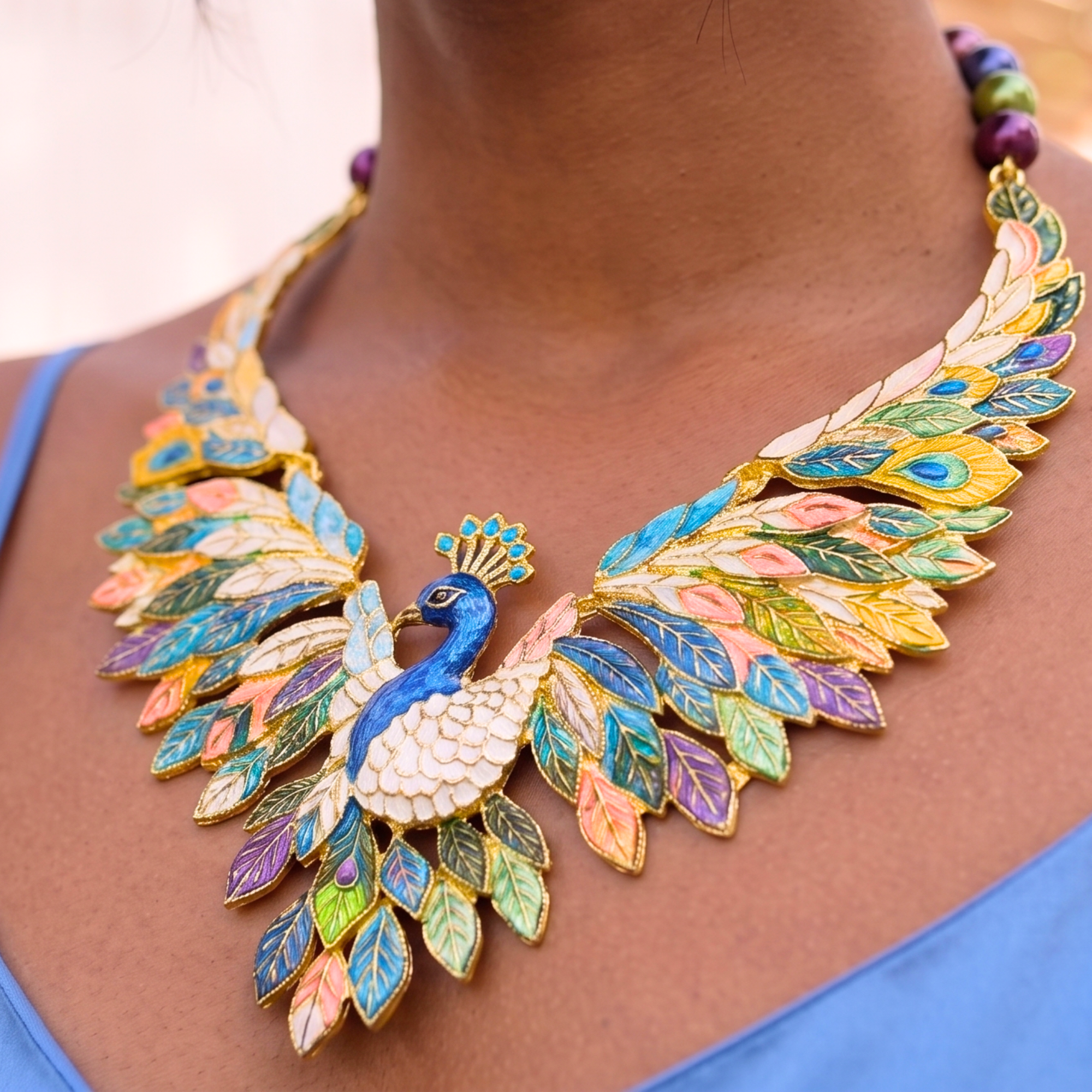 Statement peacock necklace featuring hand painted enamel feathers, multicolored crystal accents, gold tone detailing, and a sculptural peacock centerpiece.