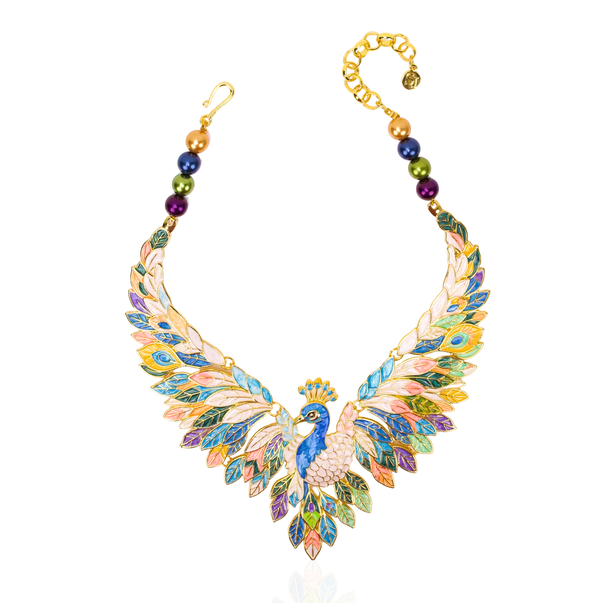 Statement peacock necklace featuring hand painted enamel feathers, multicolored crystal accents, gold tone detailing, and a sculptural peacock centerpiece.
