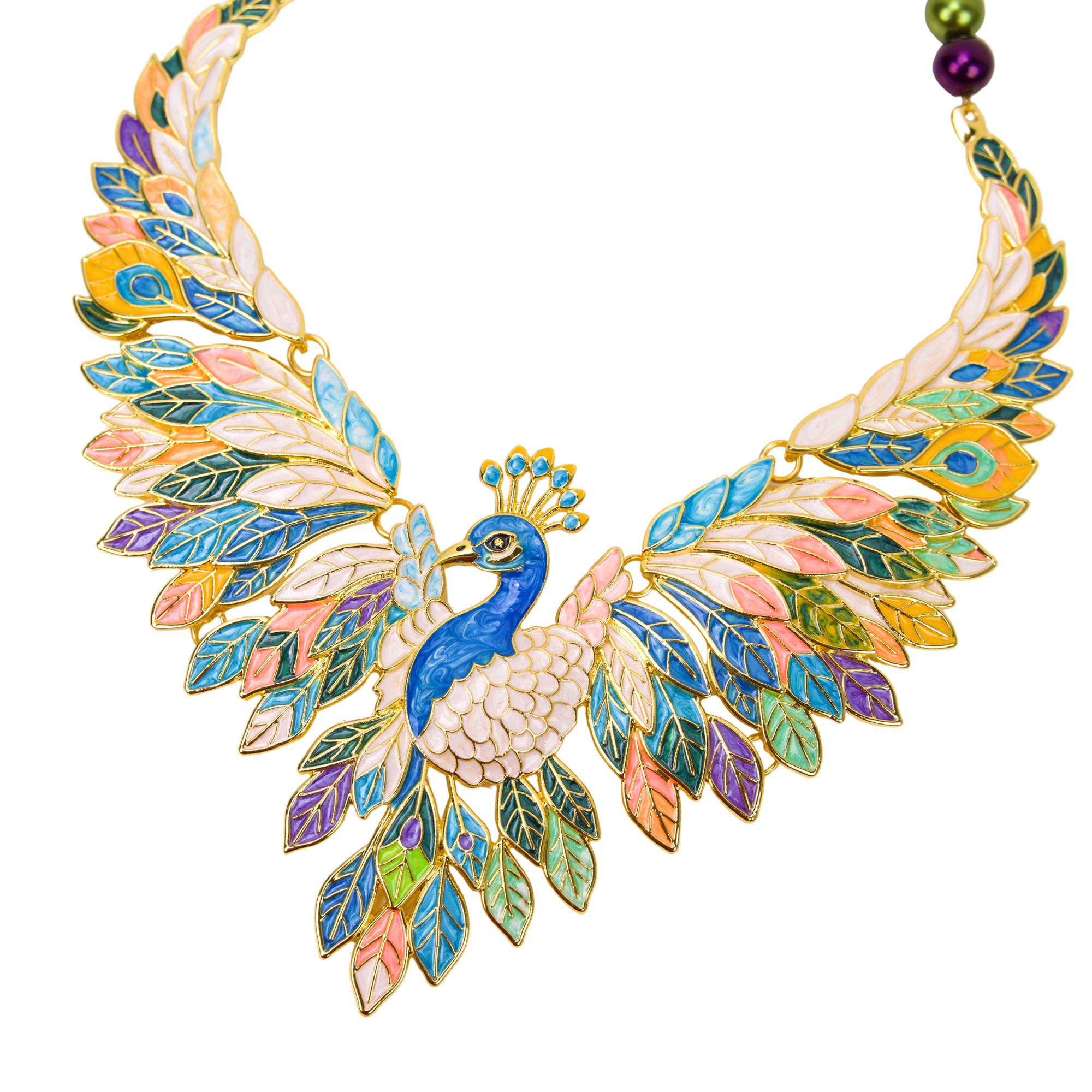 Statement peacock necklace featuring hand painted enamel feathers, multicolored crystal accents, gold tone detailing, and a sculptural peacock centerpiece.