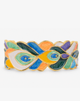 Victoriana Prissy Peacock Cuff featuring layered multicolor enamel feathers with Gold tone finish.