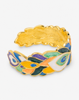Multicolor peacock feather statement cuff featuring green, blue, purple, coral, ivory and yellow enamel.