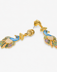 Sassy Jones Victoriana Peacock Earrings with blue, green, lavender, coral and ivory enamel feather details.