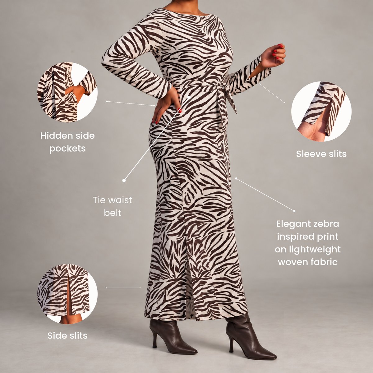 A woman modeling a long-sleeve maxi dress with a zebra-inspired print, shown against a light gray studio background with callout circles and text highlighting features like hidden side pockets, sleeve slits, tie waist belt, and side slits.