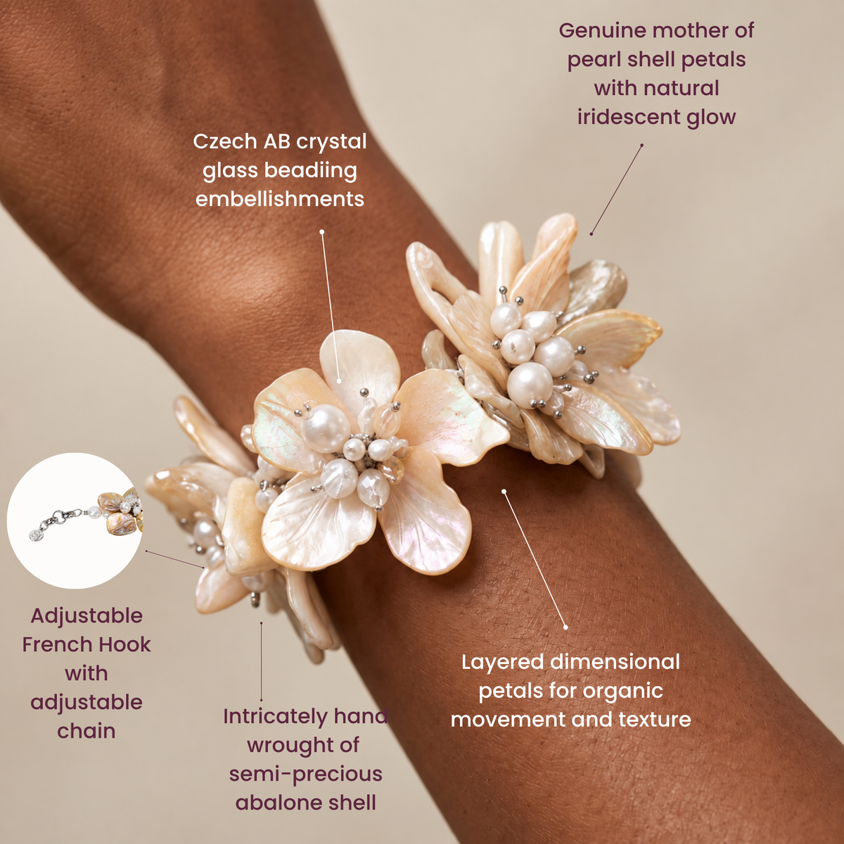 Close up of Wisteria Semi Precious Bracelet showing iridescent Mother of Pearl petals and clustered pearl flower centers.