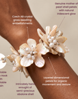 Close up of Wisteria Semi Precious Bracelet showing iridescent Mother of Pearl petals and clustered pearl flower centers.