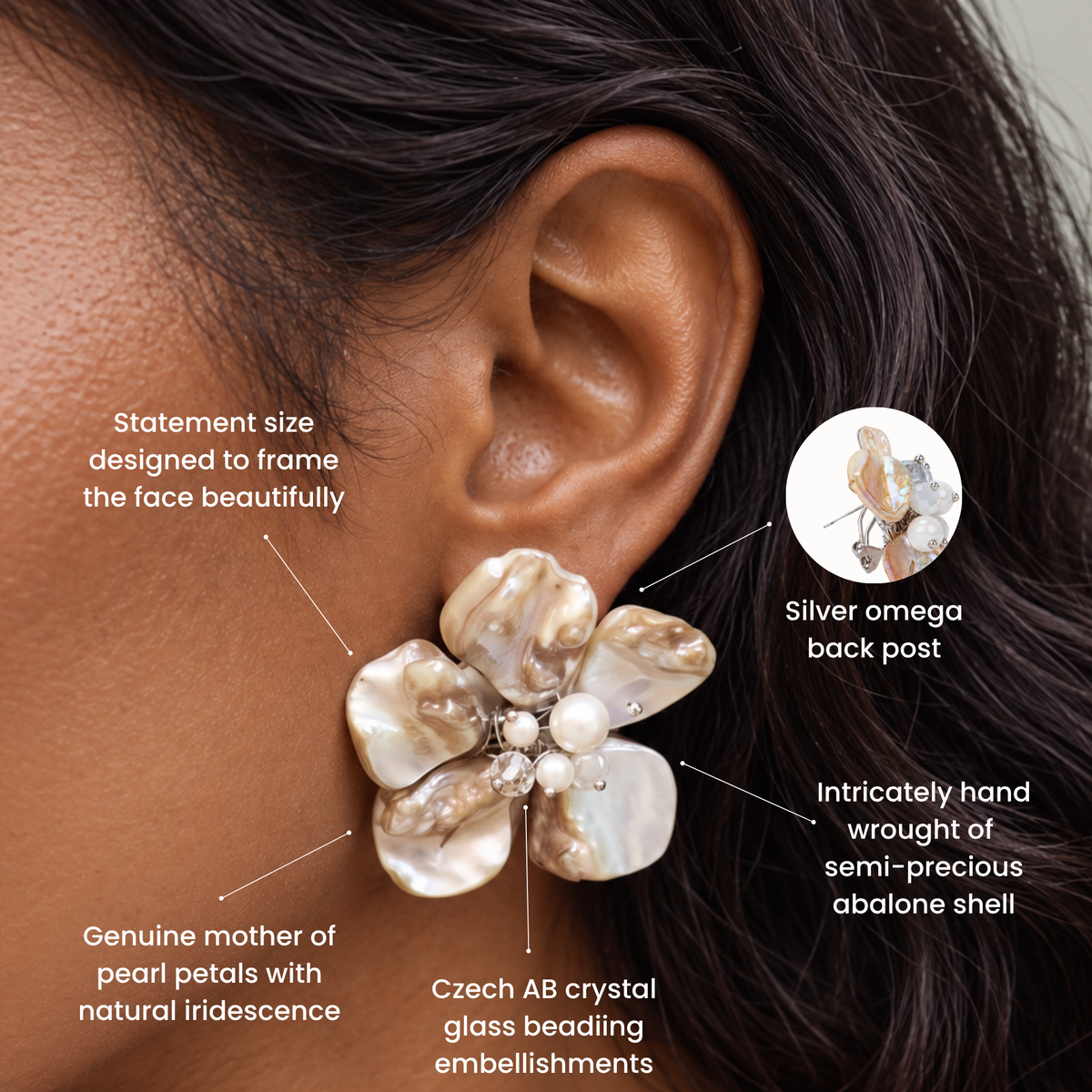 Close up of Wisteria floral earring showcasing naturally iridescent Mother of Pearl petals with clustered pearl accents.