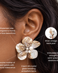 Close up of Wisteria floral earring showcasing naturally iridescent Mother of Pearl petals with clustered pearl accents.