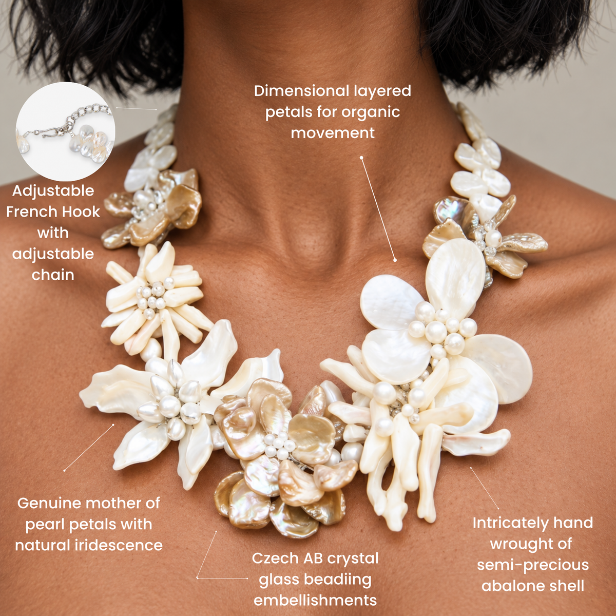 Mother of pearl floral statement necklace with sculptural petals and pearl clusters inspired by wisteria blossoms worn on a woman's neckline