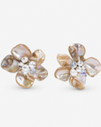 Wisteria Semi Precious Earrings in Mother of Pearl featuring sculptural ivory shell flowers with pearl and faceted bead centers.