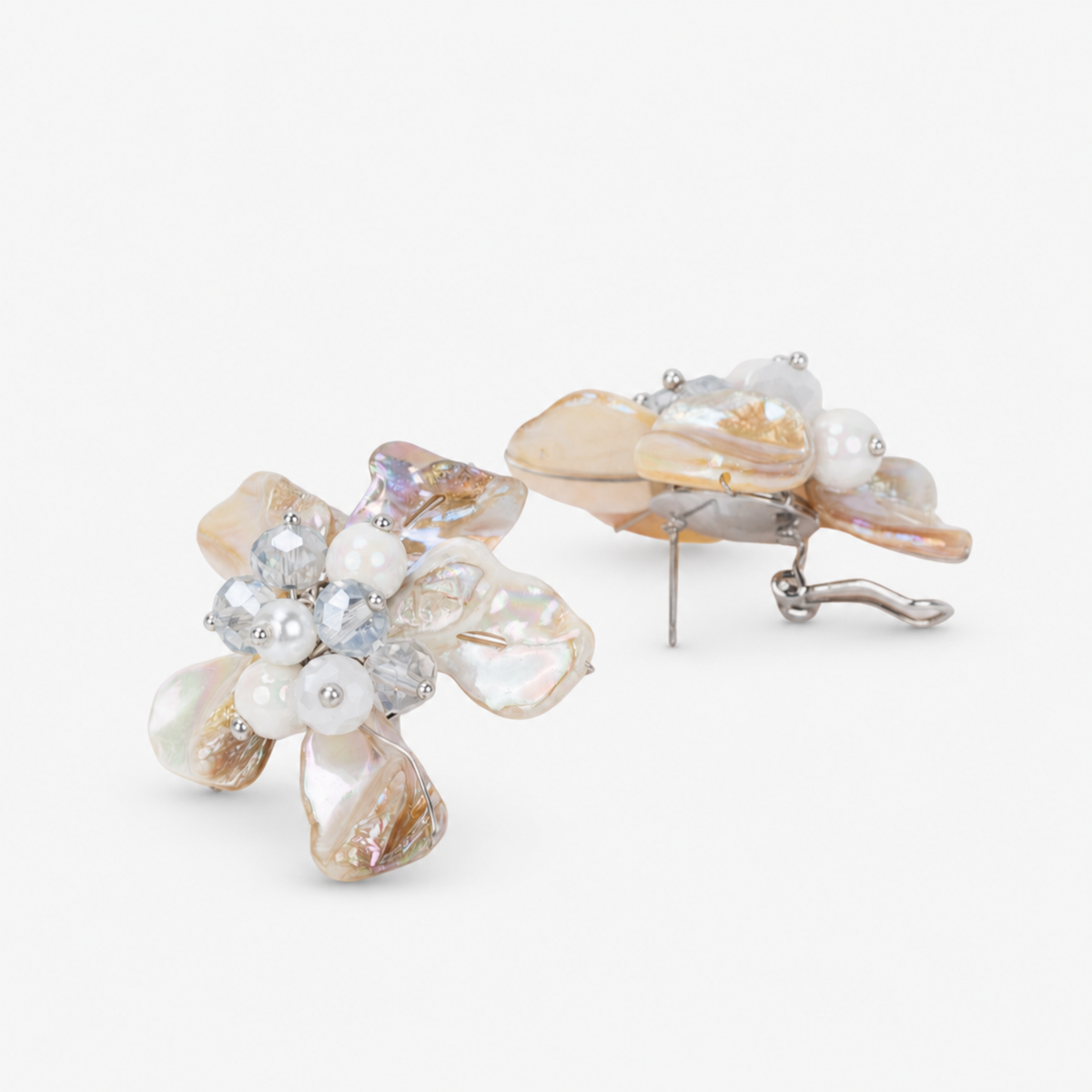 On model view of Wisteria Mother of Pearl statement earring featuring five luminous dimensional shell petals.