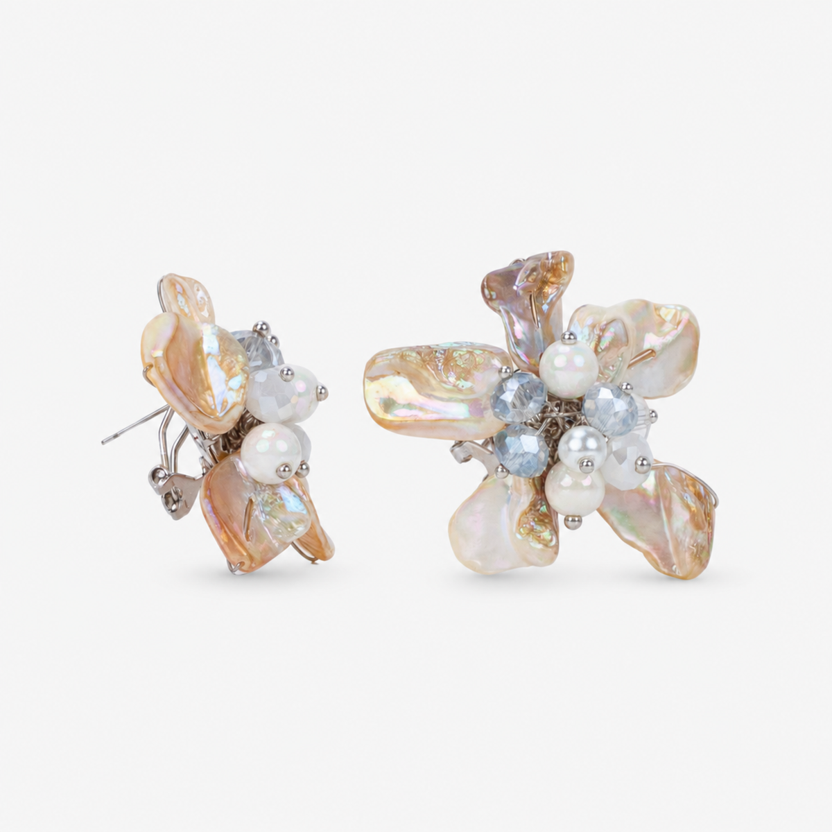 Wisteria Semi Precious Earrings featuring dimensional cream and champagne shell flowers with luminous pearl centers.      Sassy Jones Wisteria floral earrings showcasing naturally varied Mother of Pearl petals with pearl and sparkling bead accents.
