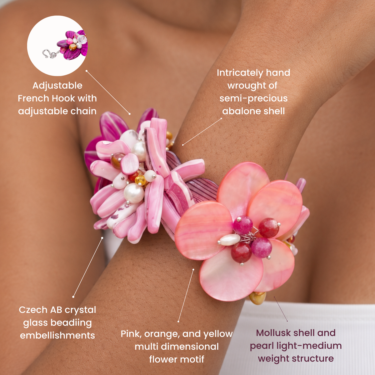 On wrist view of Wisteria floral bracelet featuring dimensional pink, coral, orange and purple abalone shell flowers.