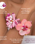 On wrist view of Wisteria floral bracelet featuring dimensional pink, coral, orange and purple abalone shell flowers.