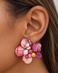 Colorful floral dangle earrings featuring iridescent abalone shell flowers with freshwater cultured pearls and sparkling glass bead centers.