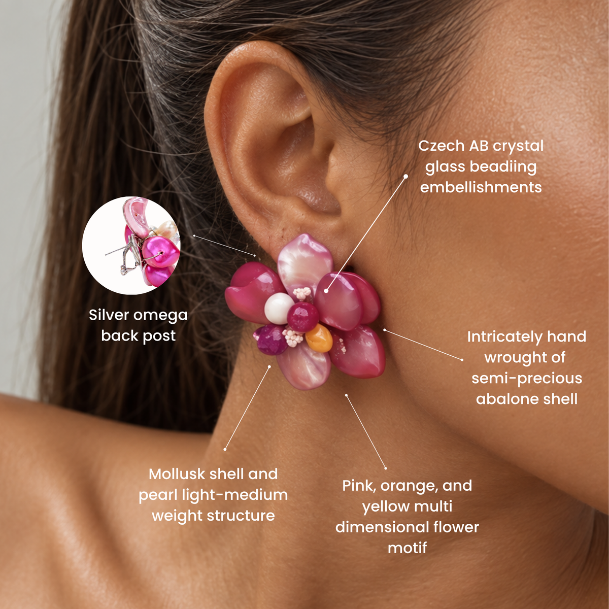 Close up of Wisteria earrings featuring dimensional pink, coral and orange shell flowers with Czech AB glass bead details.