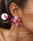 Close up of Wisteria earrings featuring dimensional pink, coral and orange shell flowers with Czech AB glass bead details.