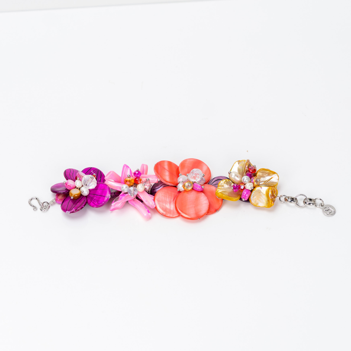 Wisteria Semi Precious Bracelet in Pink and Orange Abalone featuring handcrafted shell flowers with freshwater cultured pearl accents.